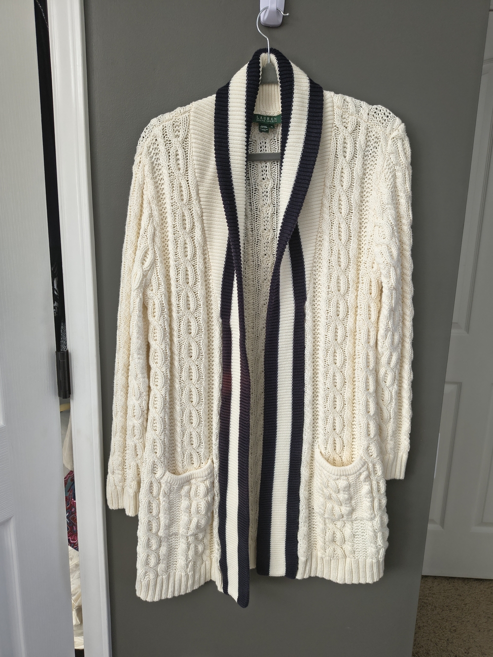 Lauren Ralph Lauren Cream Cable Knit Open Flyaway Cardigan Sweater Trim XL